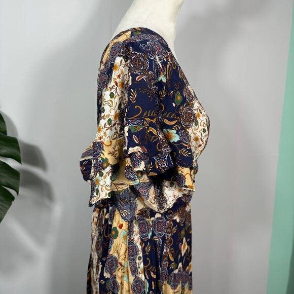 Abel The Label Boho Patchwork Maxi Dress Sz S Flutter Sleeve Wrap Look Rayon - Picture 5 of 16